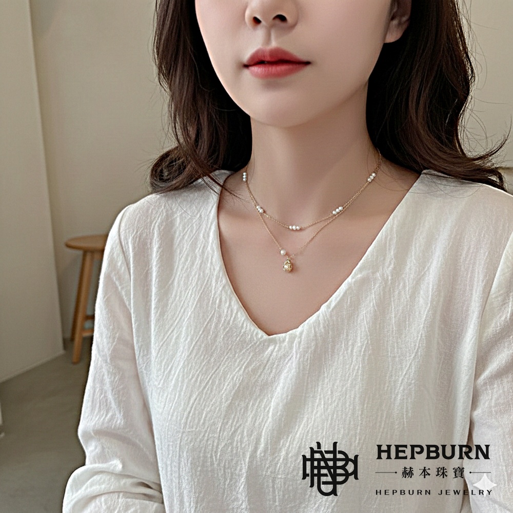 【赫本珠寶】淡水珍珠幾何橢圓疊戴項鍊,QueenDom,赫本珠寶,珍珠項鍊,幾何項鍊,疊戴項鍊