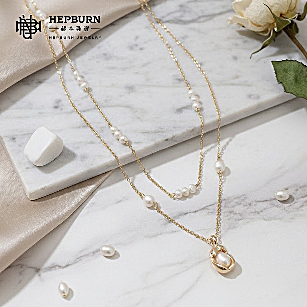 【赫本珠寶】淡水珍珠幾何橢圓疊戴項鍊,QueenDom,赫本珠寶,珍珠項鍊,幾何項鍊,疊戴項鍊