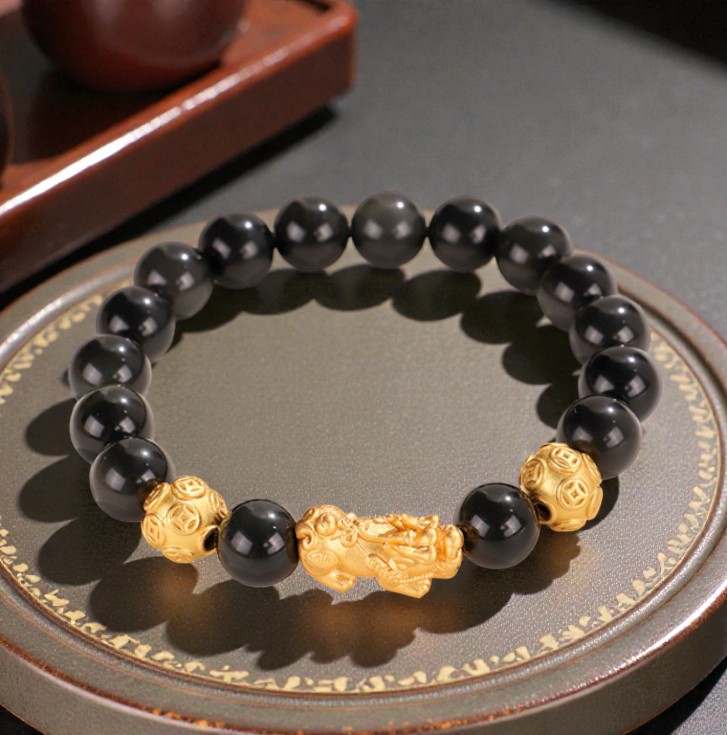 【赫本珠寶】黑金守門・999銀貔貅黑曜石手鍊(10mm)｜擋煞轉運 | 黑金穩場 | 男女款,男女款,開運珠寶,10mm手珠,能量守護,招財手鍊