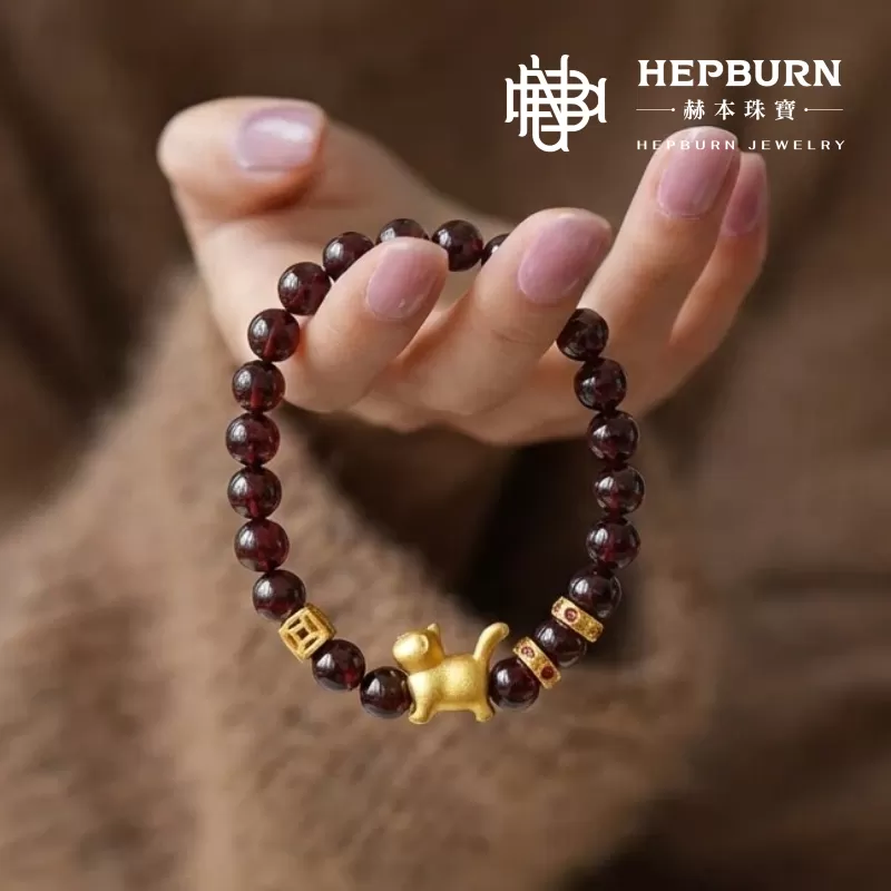 【赫本珠寶】設計款 - 紅運當頭 · 天然石榴石招財貓手鍊(6mm),幸運守護,6mm手珠,招財能量,提升氣色,女人石