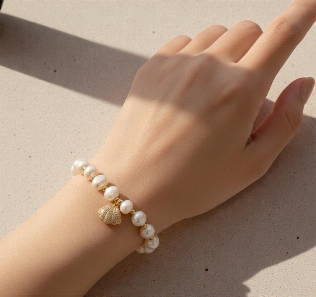 【赫本珠寶】淡水珍珠貝殼可調節手鍊,QueenDom,赫本珠寶,珍珠手鍊,貝殼飾品,可調節手鍊