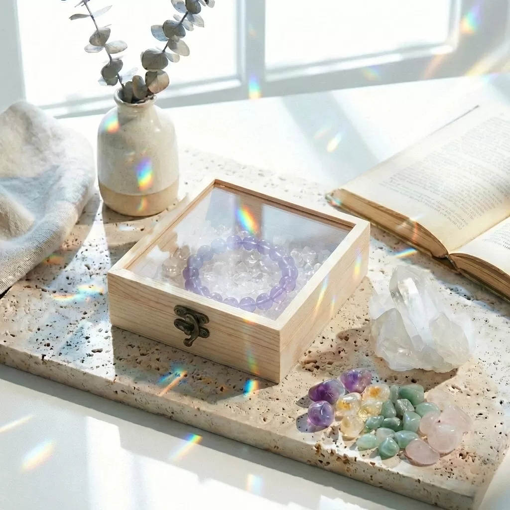 【赫本珠寶】- 晶養儲藏 · 水晶碎石消磁收納淨化玻璃蓋展示木盒,水晶消磁盒,碎石收納,淨化木盒,水晶保養,玻璃展示盒