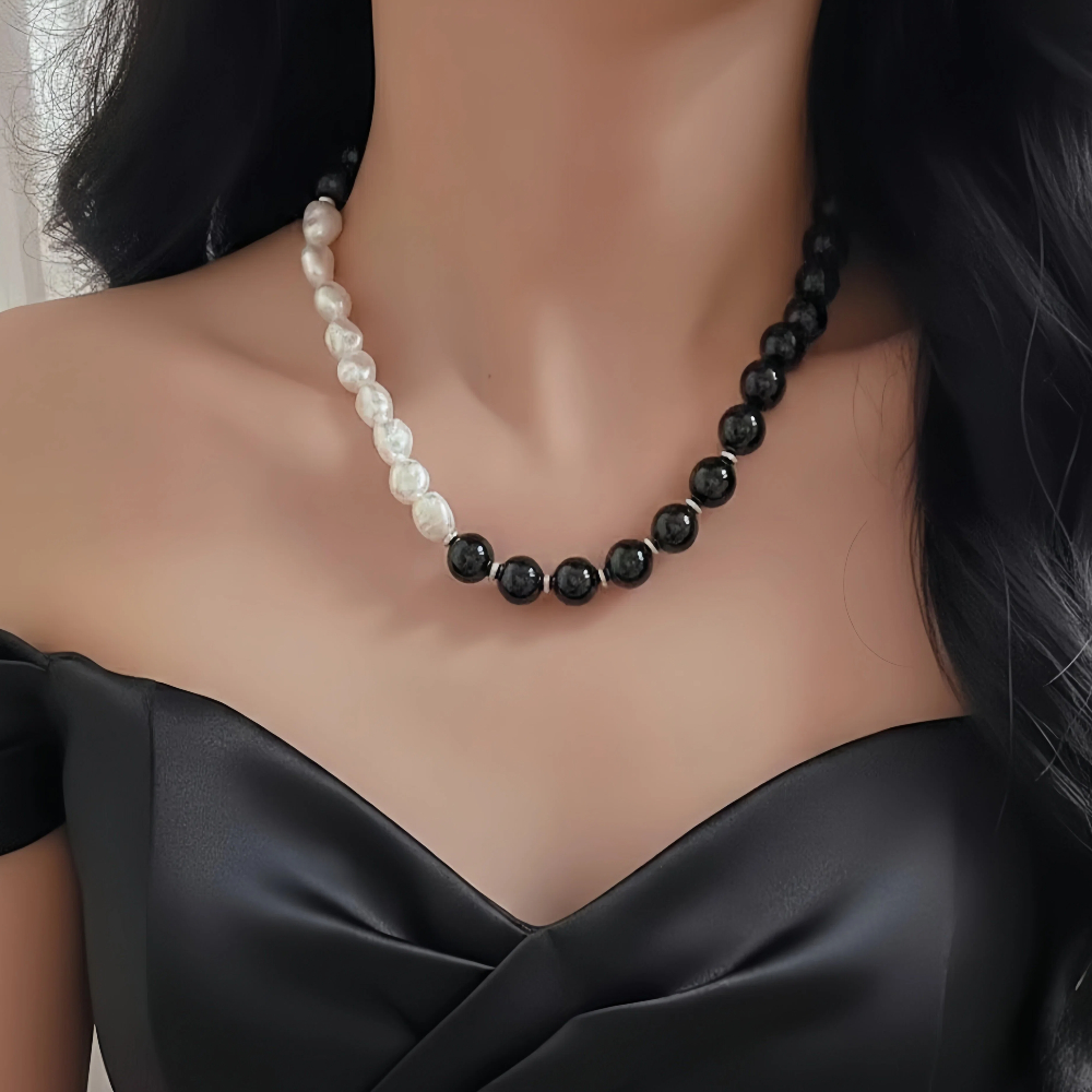 【赫本珠寶】夜光序曲 · 巴洛克淡水珍珠黑瑪瑙鎖骨鍊,法式高級感,現代設計款,能量防護,隨形珍珠,黑白穿搭
