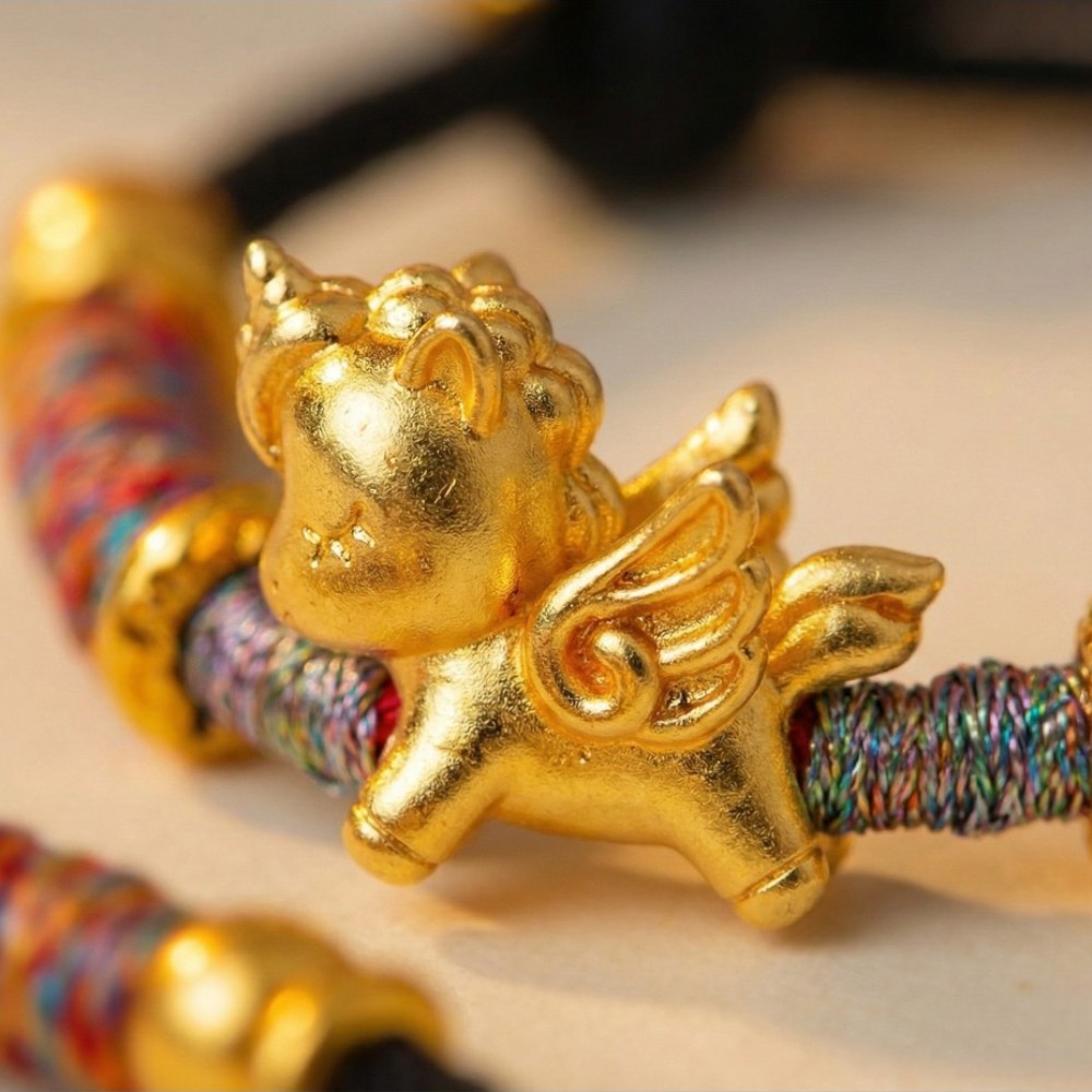 【赫本珠寶】999足銀招財金色天馬-黑色手繩,貴人運,抗敏銀飾,中性飾品,事業運,馬到成功