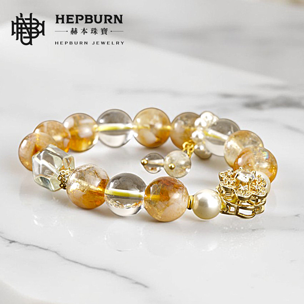 【赫本珠寶】設計款-金轉花奶蓋黃塔晶手鍊(11mm),設計款手鍊,11mm飾品,金轉花設計,奶蓋色珠,黃塔晶手鍊