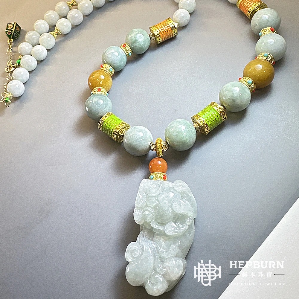 【赫本珠寶】翡翠大貔貅-黃翡項練毛衣練(長52cm),守護飾品,時尚飾品,文化珠寶,毛衣鍊,幸運飾品