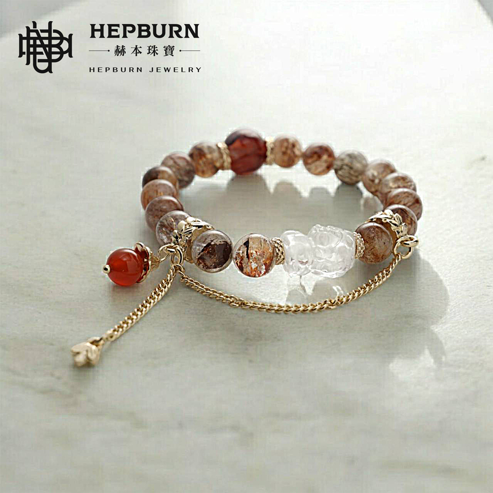 【赫本珠寶】設計款-黃財神黑金超紅膠花水晶手鍊(9mm),聚財飾品,事業守護,開運飾品,能量手鍊,避邪守護