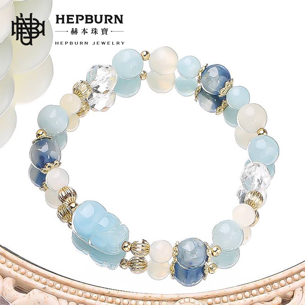 【赫本珠寶】設計款-潛福獸貔貅海藍寶白水晶手鍊,守護手鍊,職場開運,靈性飾品,淨化能量,情緒平衡