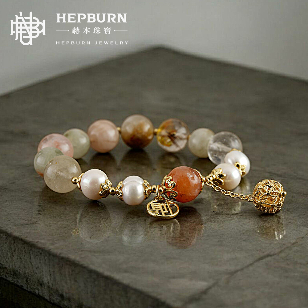 【赫本珠寶】設計款-財字當頭金球彩髮晶手鍊(11mm),自信提升,開運飾品,能量手鍊,事業旺盛,金球飾品