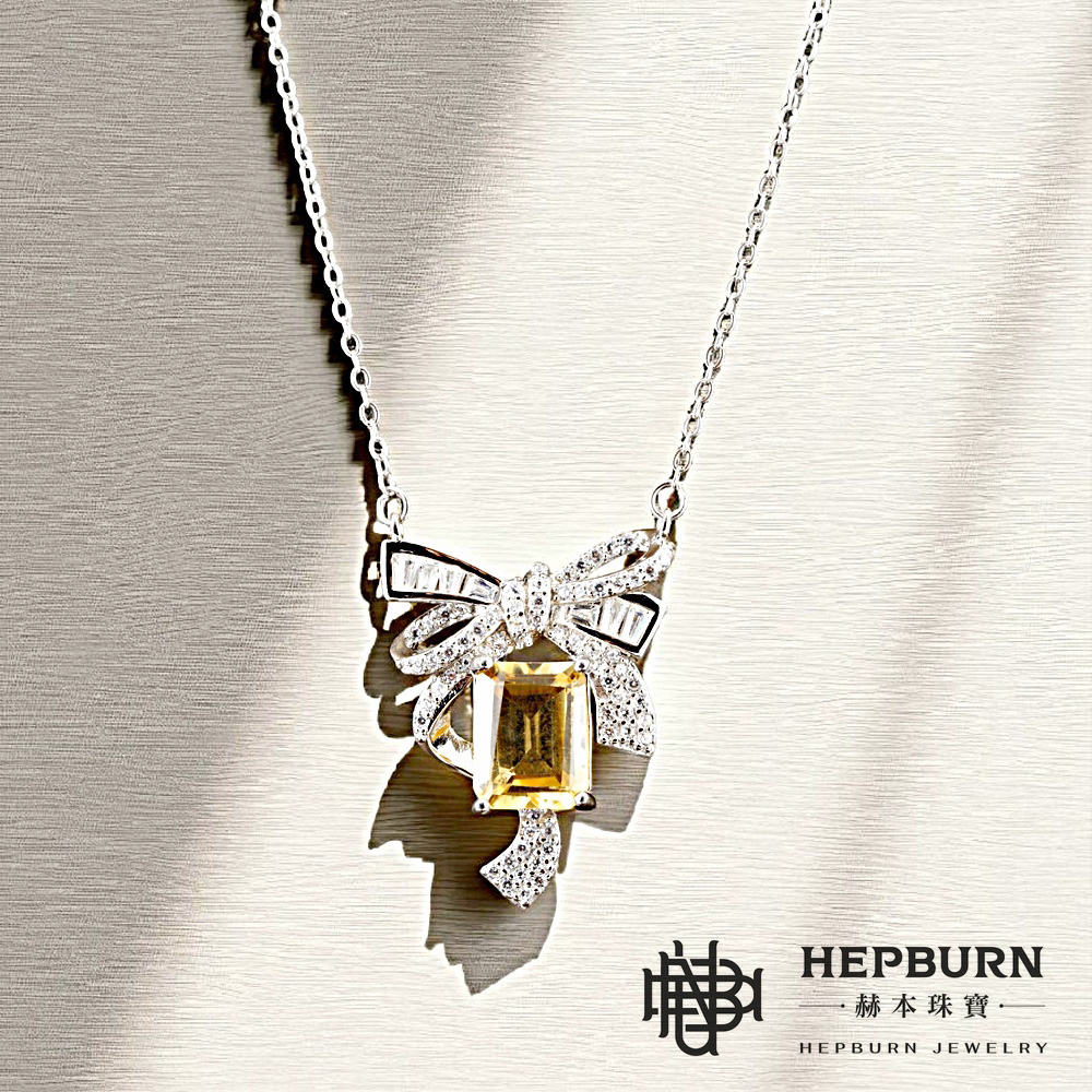 【赫本珠寶】設計款- 甜美淑女蝴蝶結黃水晶項鍊,愛情象徵,送禮推薦,時尚飾品,活力飾品,招財能量