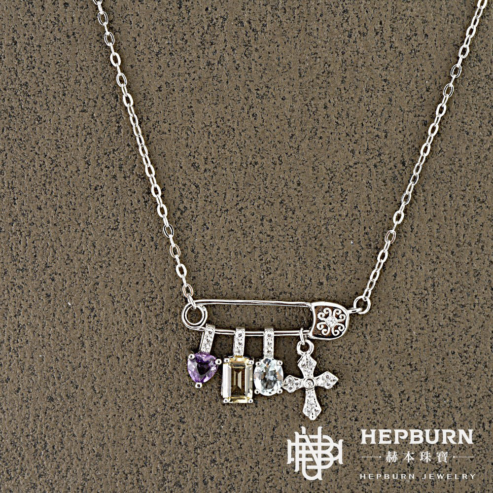 【赫本珠寶】設計款-別針多寶寶石小掛件十字架項鍊,靈性珠寶,宗教象徵,個性設計,勇氣力量,時尚飾品