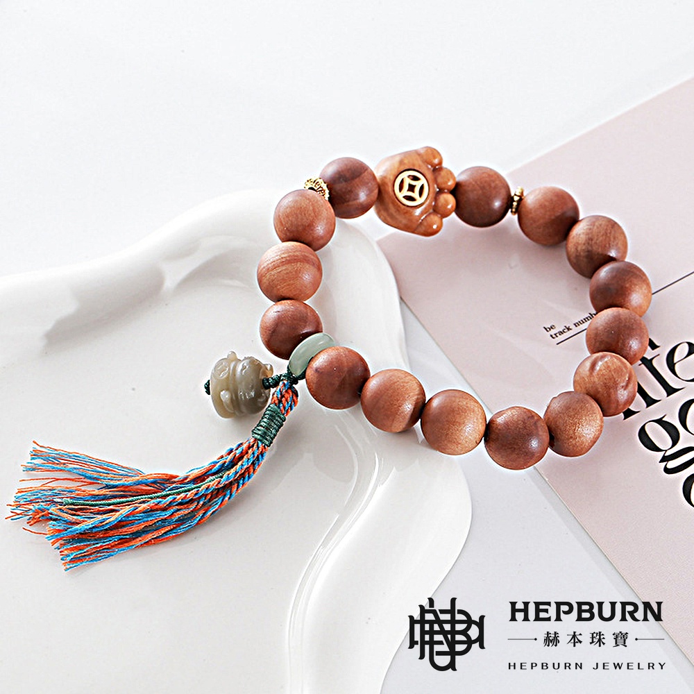 【赫本珠寶】設計款-老料招財貓爪檀香木佛珠手串,能量飾品,靜心配飾,淨化靈氣,老山檀香,避邪守護