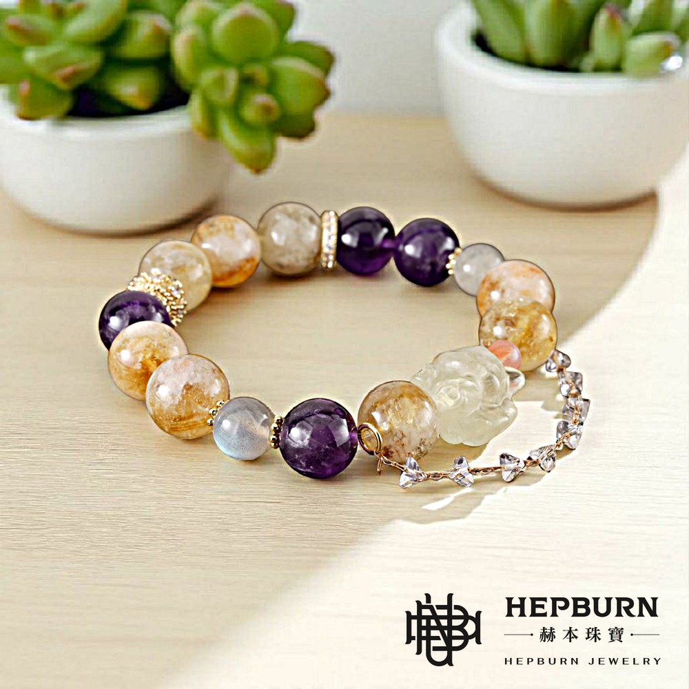 【赫本珠寶】設計款-天萌九尾狐黃塔晶紫水晶手鍊,能量手鍊,財運提升,情緒平衡,靈性守護,招財手鍊