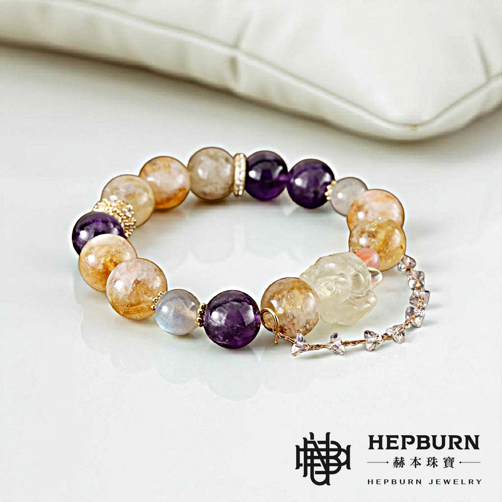 【赫本珠寶】設計款-天萌九尾狐黃塔晶紫水晶手鍊,能量手鍊,財運提升,情緒平衡,靈性守護,招財手鍊