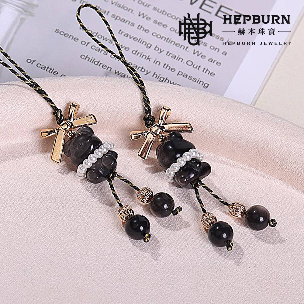 【赫本珠寶】設計款-銀曜石熊熊蝴蝶結手機吊飾,療癒能量,時尚吊飾,靈性飾品,可愛手機配件,招財防護