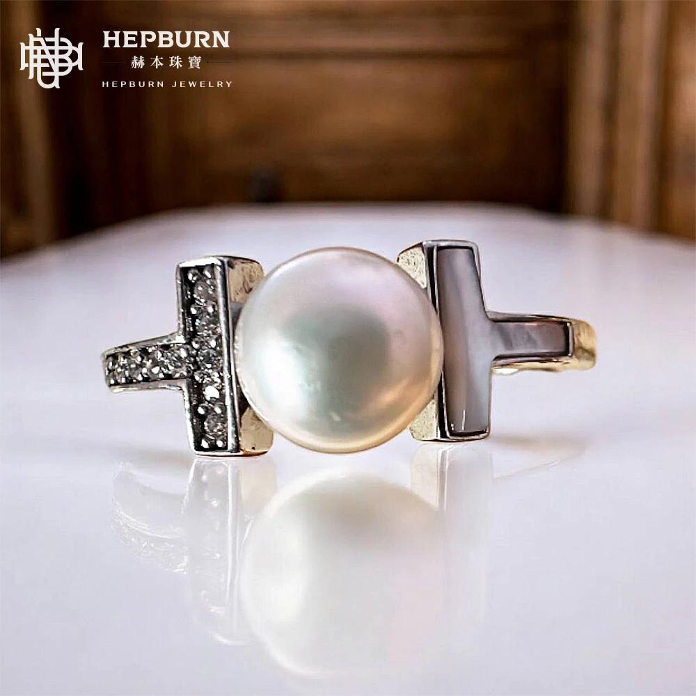 【赫本珠寶】天然珍珠雙色碎鑽T字戒指(6mm),層次設計,精緻珠寶,QueenDom,百搭疊戴,時尚戒指