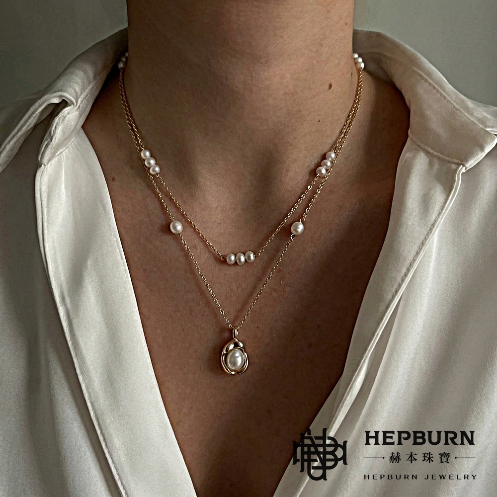 【赫本珠寶】淡水珍珠幾何橢圓疊戴項鍊,QueenDom,赫本珠寶,珍珠項鍊,幾何項鍊,疊戴項鍊