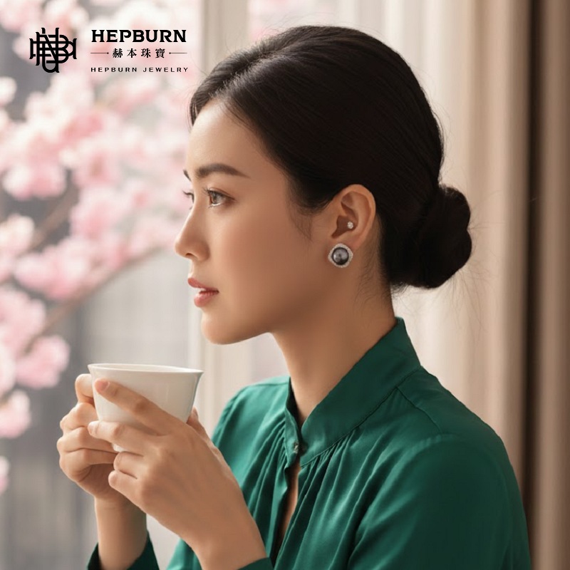 【赫本珠寶】設計款 - 氣質方形滿鑽馬貝珍珠耳環,QueenDom,赫本珠寶,馬貝珠耳環,方形耳環,滿鑽設計