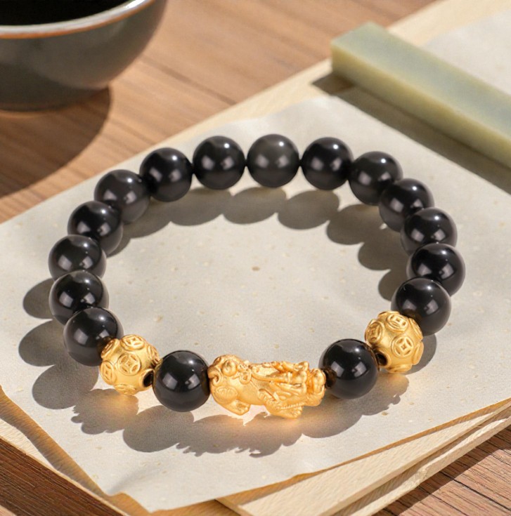 【赫本珠寶】黑金守門・999銀貔貅黑曜石手鍊(10mm)｜擋煞轉運 | 黑金穩場 | 男女款,男女款,開運珠寶,10mm手珠,能量守護,招財手鍊