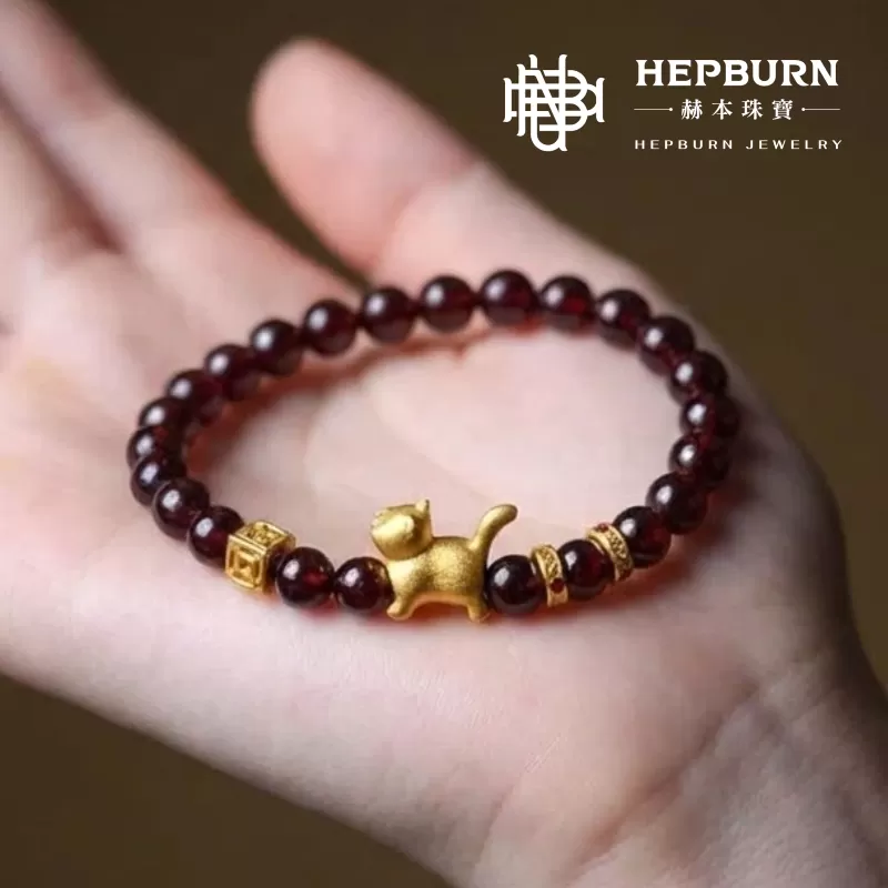 【赫本珠寶】設計款 - 紅運當頭 · 天然石榴石招財貓手鍊(6mm),幸運守護,6mm手珠,招財能量,提升氣色,女人石