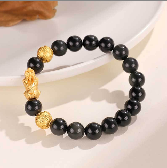 【赫本珠寶】黑金守門・999銀貔貅黑曜石手鍊(10mm)｜擋煞轉運 | 黑金穩場 | 男女款,男女款,開運珠寶,10mm手珠,能量守護,招財手鍊