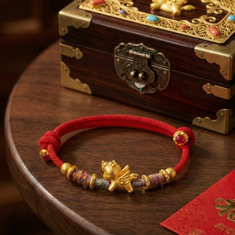 【赫本珠寶】999足銀招財金色天馬-紅色手繩,貴人運,本命年手鍊,開運飾品,馬到成功,避邪紅繩