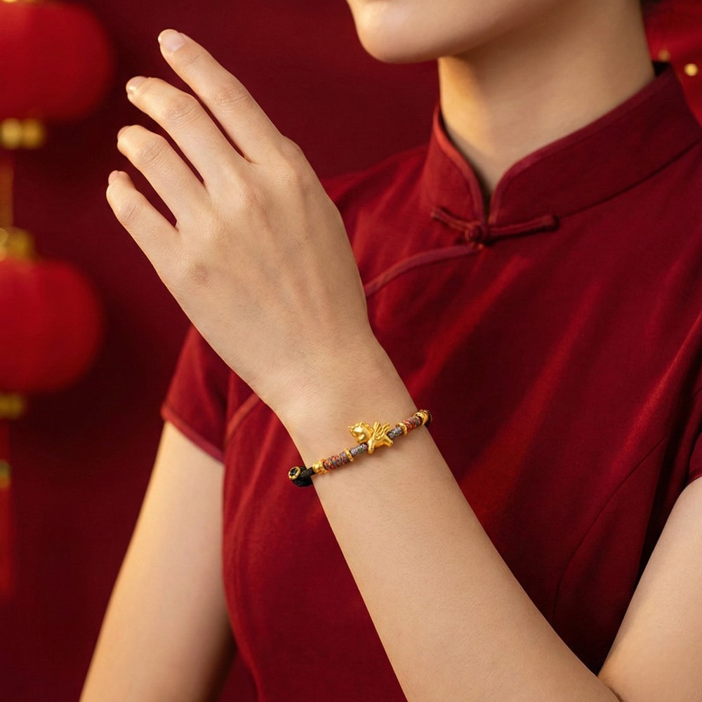 【赫本珠寶】999足銀招財金色天馬-黑色手繩,貴人運,抗敏銀飾,中性飾品,事業運,馬到成功