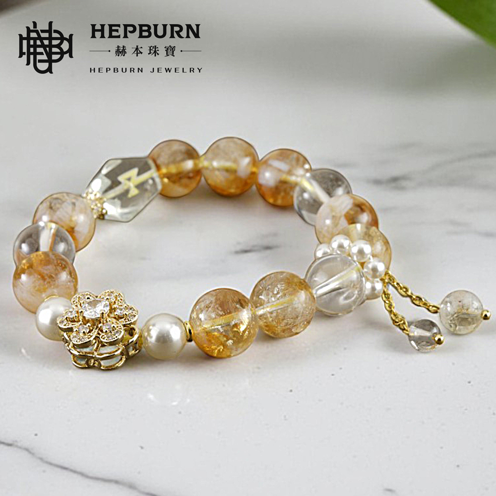 【赫本珠寶】設計款-金轉花奶蓋黃塔晶手鍊(11mm),設計款手鍊,11mm飾品,金轉花設計,奶蓋色珠,黃塔晶手鍊