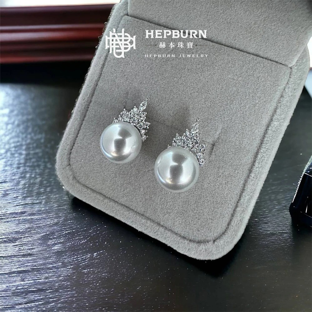 【赫本珠寶】天然珍珠皇家王冠耳環9mm±5(贈同款吊墬),珍珠套裝,女王風範,優雅珠寶,高貴耳環,皇家珠寶