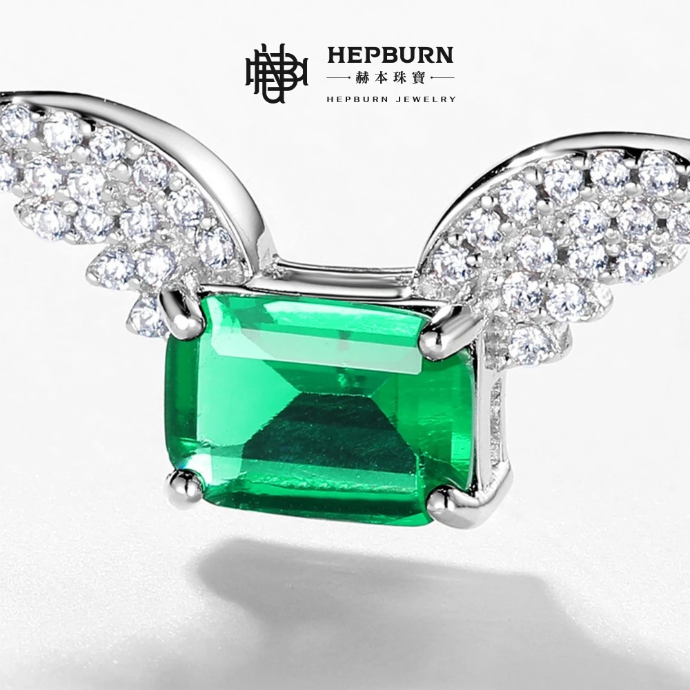 【赫本珠寶】天使翅膀培育祖母綠項鍊S925銀(0.9克拉),翠綠寶石,典雅飾品,送禮推薦,幸福珠寶,祝福飾品