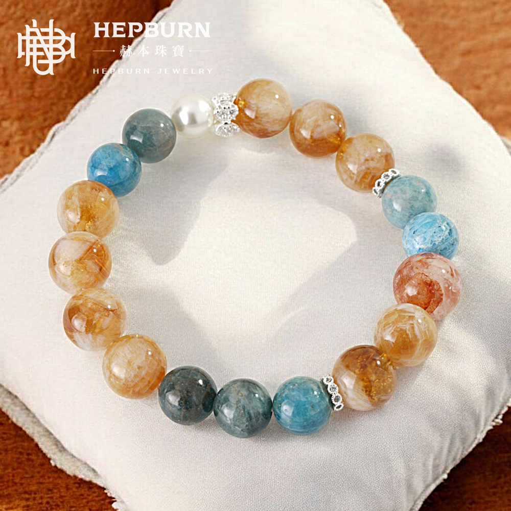 【赫本珠寶】設計款-富貴迷人眼暴利黃水晶藍磷灰手鍊(9mm),天然水晶,時尚手鍊,情緒平衡,招財開運,心靈療癒