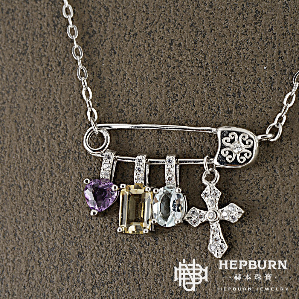 【赫本珠寶】設計款-別針多寶寶石小掛件十字架項鍊,靈性珠寶,宗教象徵,個性設計,勇氣力量,時尚飾品