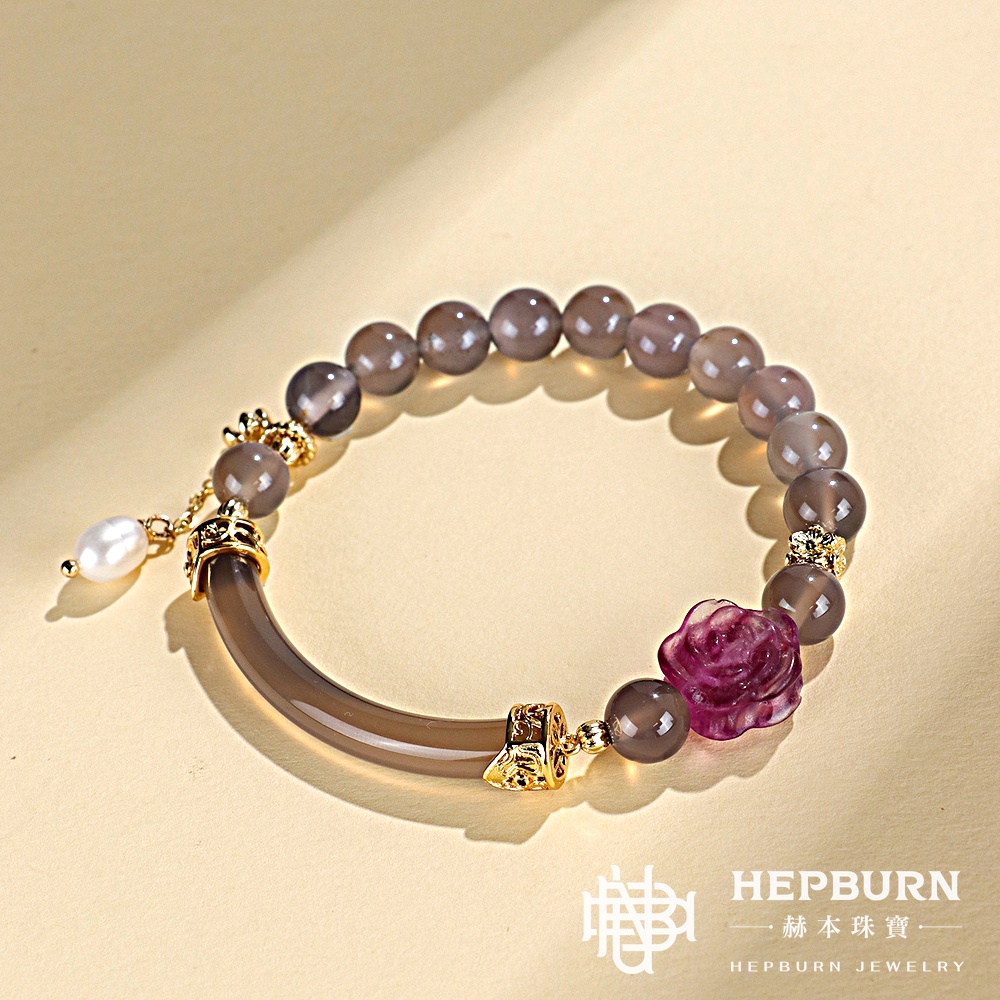 【赫本珠寶】設計款-拉長石草莓晶半鐲手鍊-紫螢石玫瑰花,能量手鍊,時尚飾品,情感療癒,靈感提升,半鐲手鍊