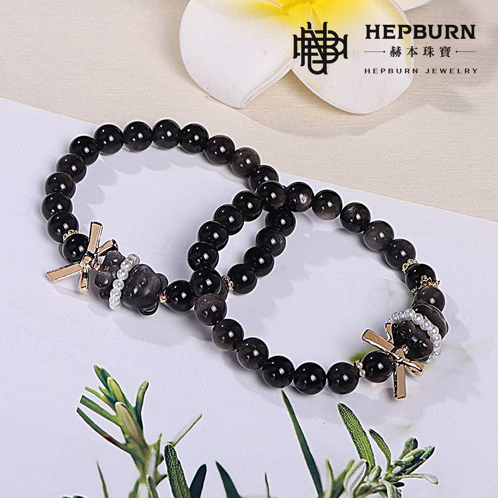 【赫本珠寶】設計款-銀曜石熊熊蝴蝶結手鍊,時尚手鏈,可愛造型,水晶手鍊,靈性防護,招財守護