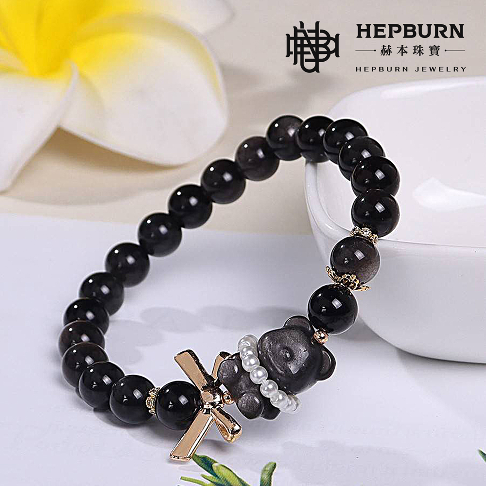 【赫本珠寶】設計款-銀曜石熊熊蝴蝶結手鍊,時尚手鏈,可愛造型,水晶手鍊,靈性防護,招財守護