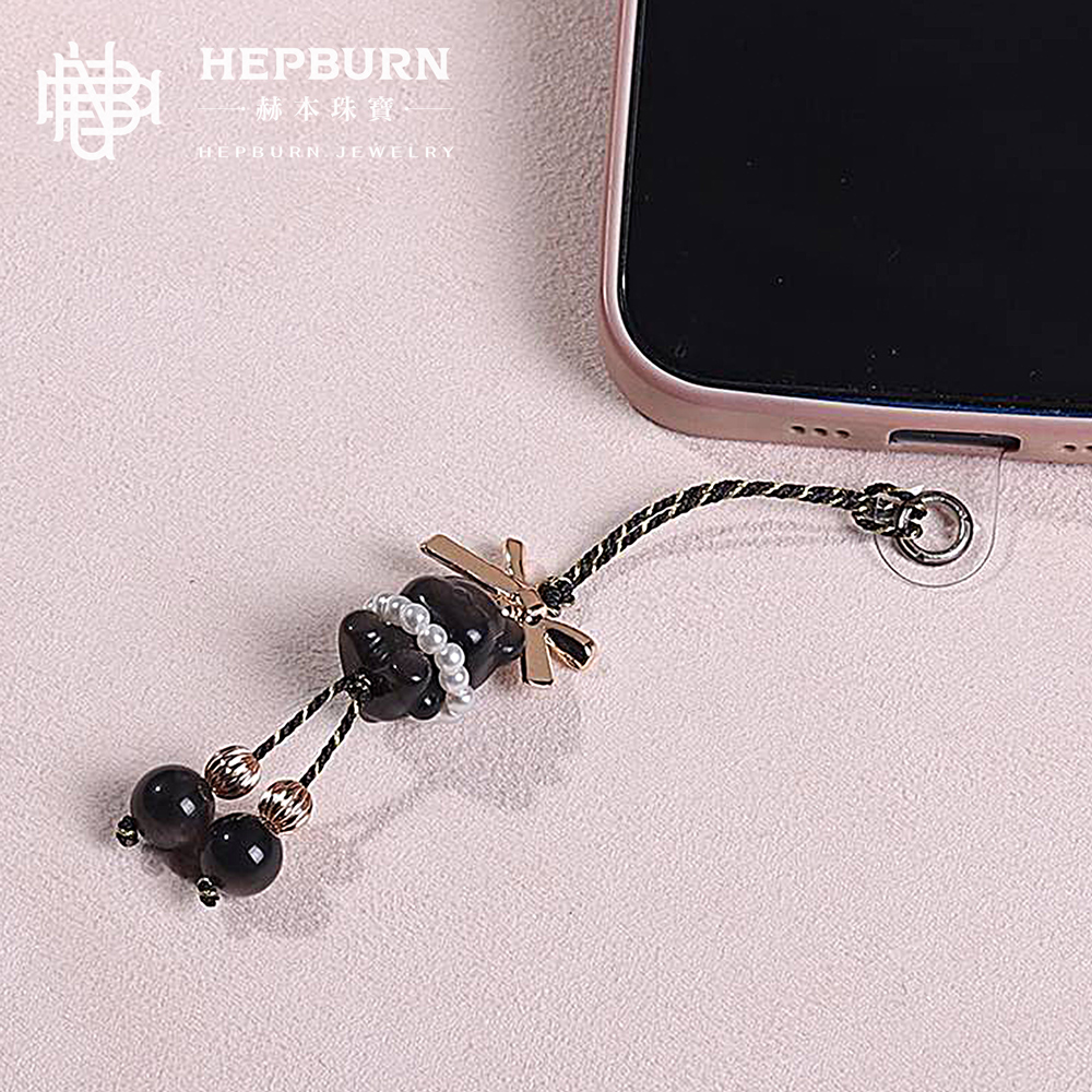 【赫本珠寶】設計款-銀曜石熊熊蝴蝶結手機吊飾,療癒能量,時尚吊飾,靈性飾品,可愛手機配件,招財防護