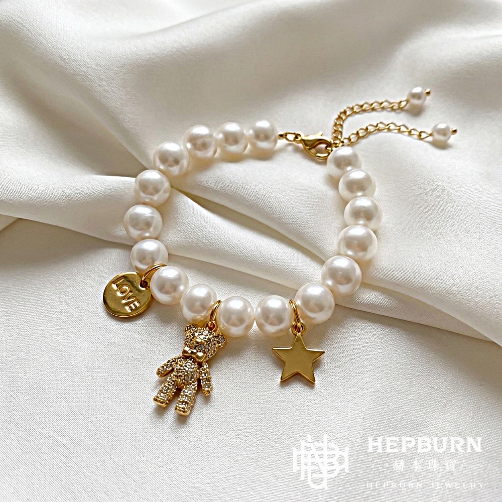 【赫本珠寶】淡水珍珠鑲鑽小熊可調節手鍊,QueenDom,赫本珠寶,珍珠手鍊,小熊飾品,鑲鑽手鍊