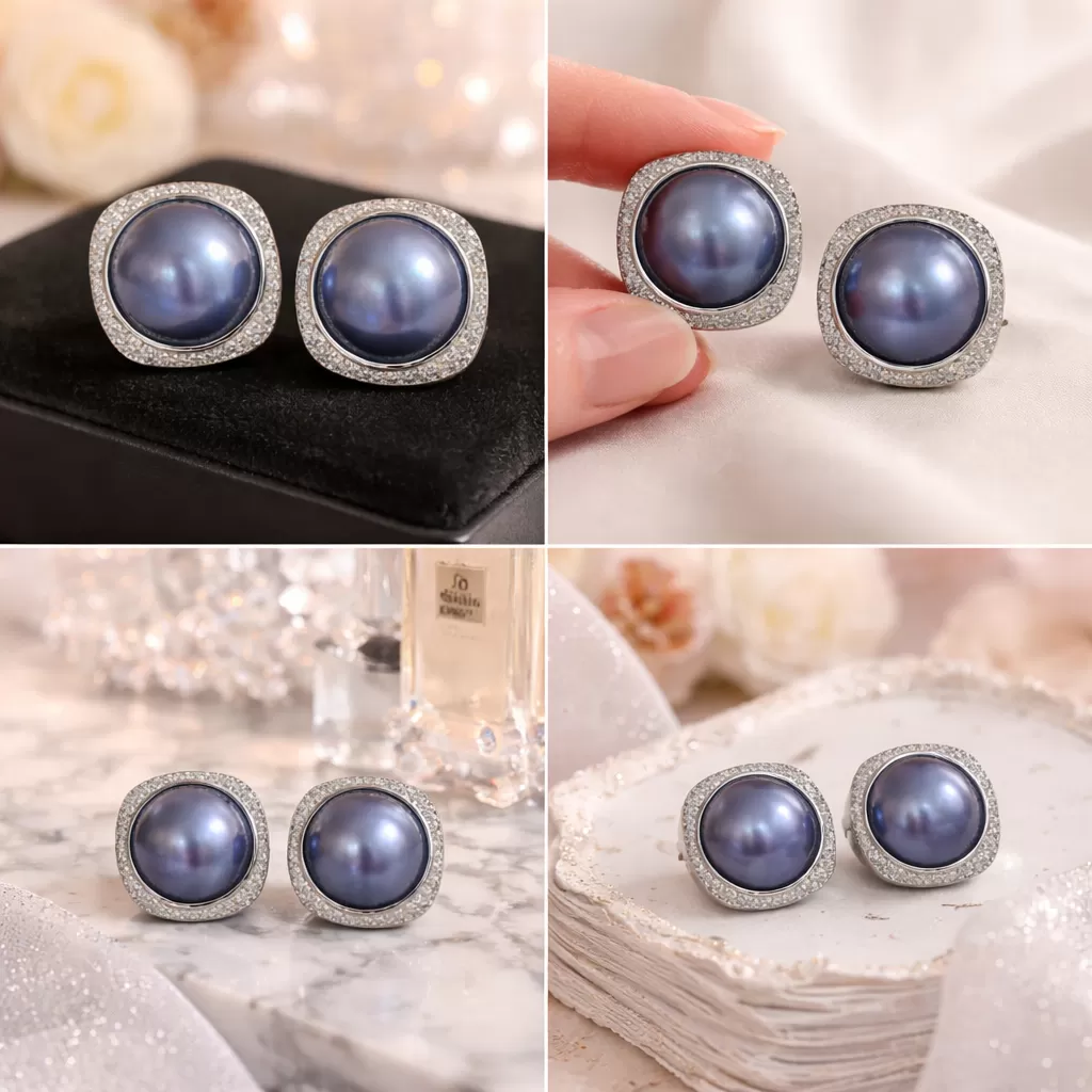 【赫本珠寶】設計款 - 氣質方形滿鑽馬貝珍珠耳環,QueenDom,赫本珠寶,馬貝珠耳環,方形耳環,滿鑽設計