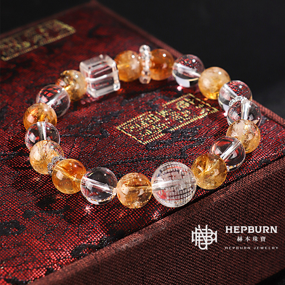 【赫本珠寶】設計款-黃塔晶心經白水晶手鍊,冥想手鍊,平安守護,佛教珠寶,能量淨化,避邪飾品