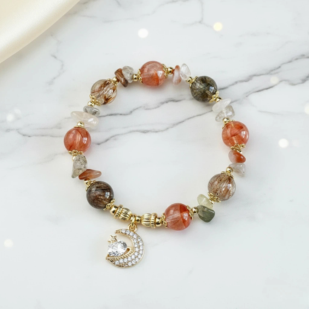 【赫本珠寶】星月鎏金 · 髮晶星月公主手鍊,女性手鍊,開運能量,精緻珠寶,層次穿搭,公主風飾品