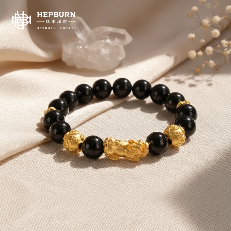 【赫本珠寶】黑金守門・999銀貔貅黑曜石手鍊(10mm)｜擋煞轉運 | 黑金穩場 | 男女款,男女款,開運珠寶,10mm手珠,能量守護,招財手鍊