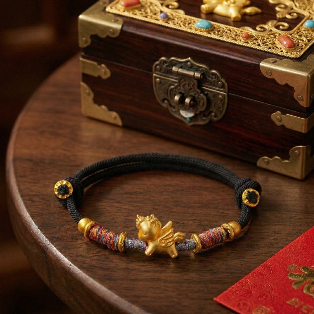 【赫本珠寶】999足銀招財金色天馬-黑色手繩,貴人運,抗敏銀飾,中性飾品,事業運,馬到成功