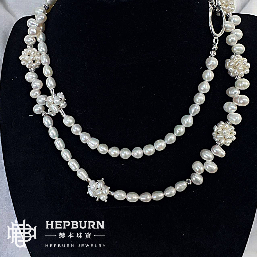 【赫本珠寶】設計款花團錦簇天然珍珠項鍊毛衣練,奢雅氣質,時尚項鍊,優雅飾品,華麗珠寶,花團錦簇