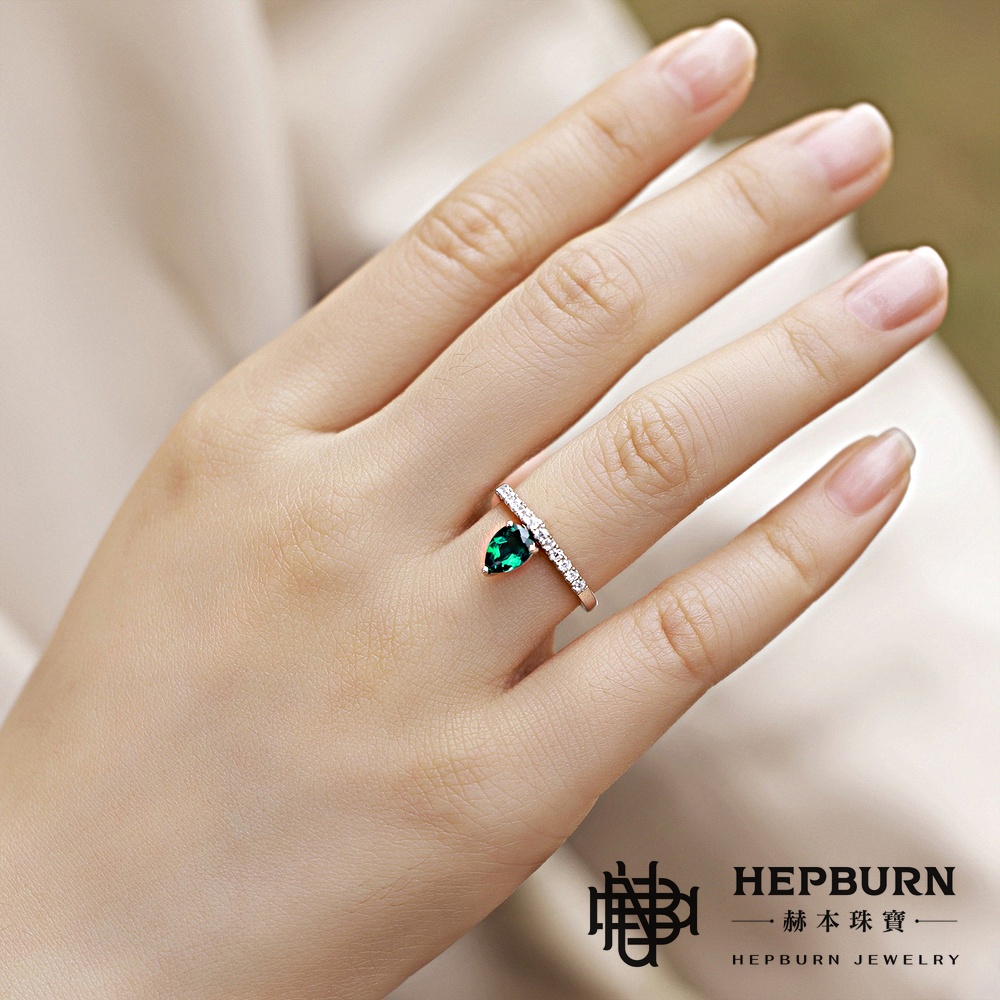 【赫本珠寶】水滴微鑲靈動培育祖母綠戒指S925銀(0.68克拉),經典設計,時尚百搭,氣質珠寶,璀璨飾品,靈動戒指