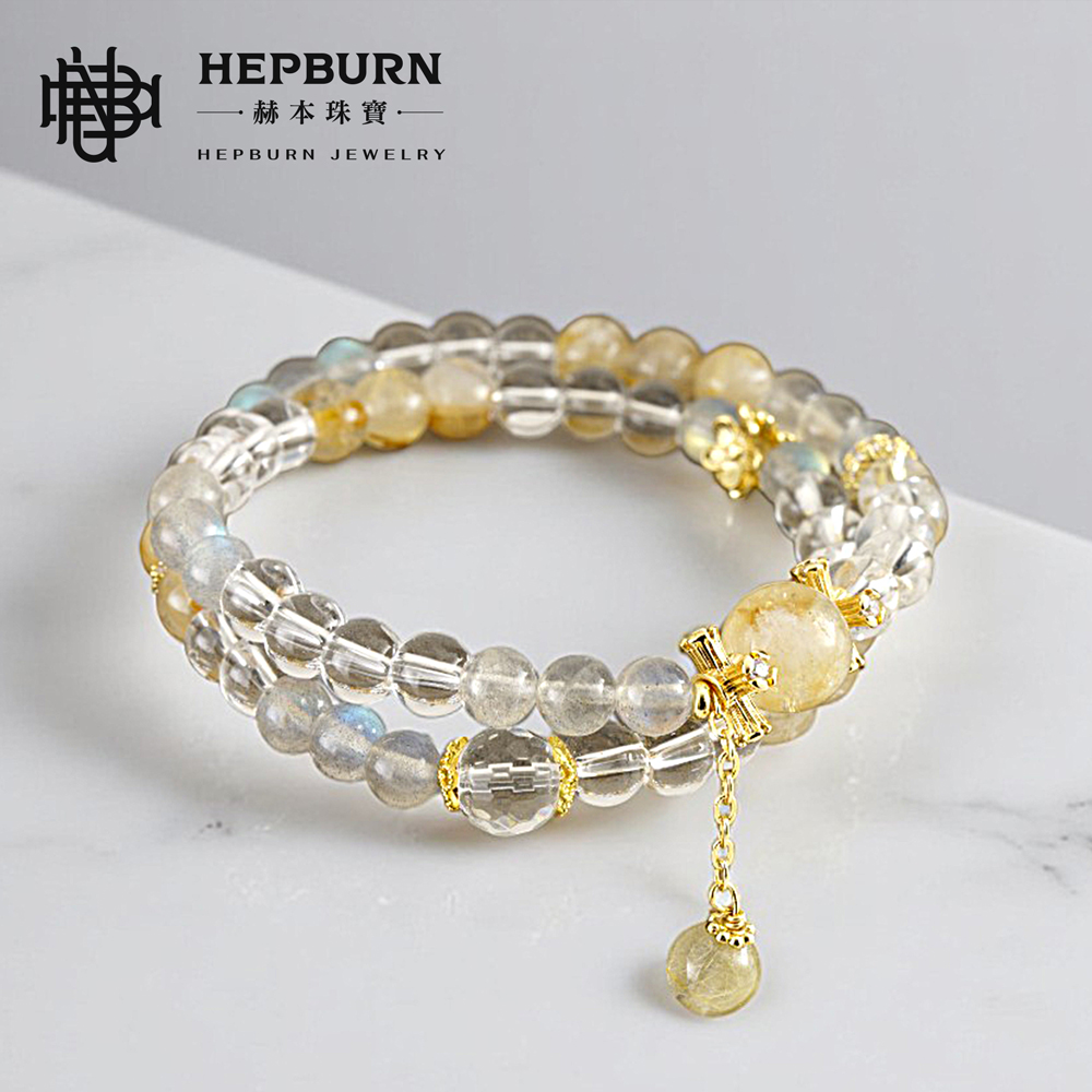 【赫本珠寶】設計款-金梅花灰月光黃髮晶白水晶雙圈手鍊,手工飾品,天然水晶,淨化能量,情緒穩定,招財開運