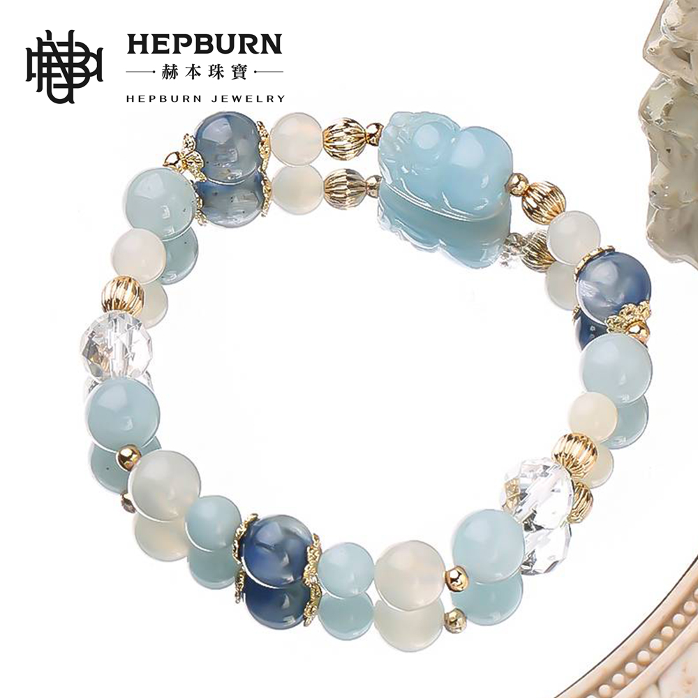 【赫本珠寶】設計款-潛福獸貔貅海藍寶白水晶手鍊,守護手鍊,職場開運,靈性飾品,淨化能量,情緒平衡