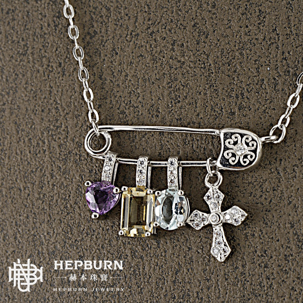 【赫本珠寶】設計款-別針多寶寶石小掛件十字架項鍊,靈性珠寶,宗教象徵,個性設計,勇氣力量,時尚飾品