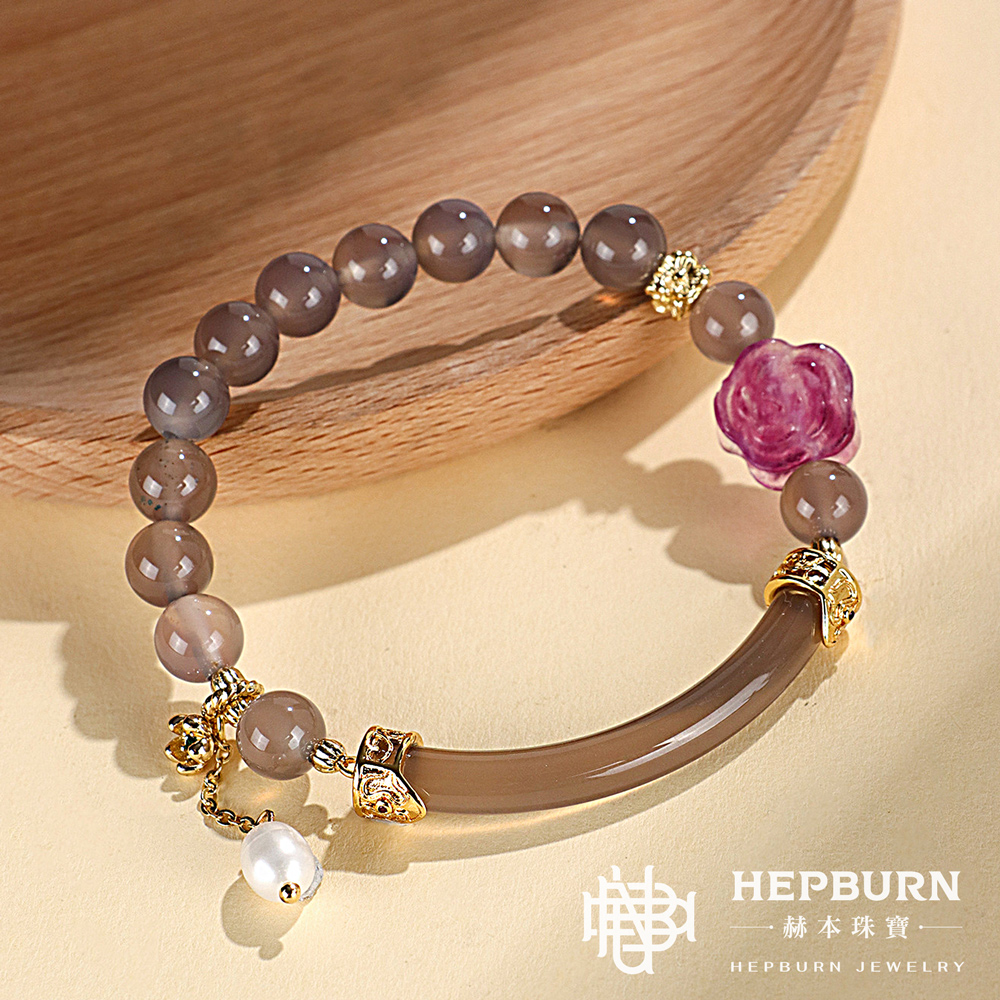 【赫本珠寶】設計款-拉長石草莓晶半鐲手鍊-紫螢石玫瑰花,能量手鍊,時尚飾品,情感療癒,靈感提升,半鐲手鍊