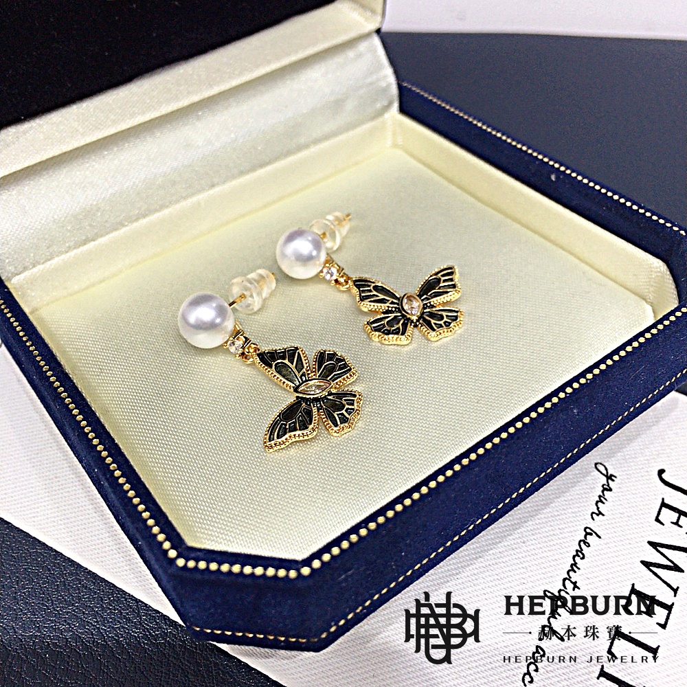 【赫本珠寶】設計款-復古茶色蝴蝶天然淡水法式耳環,時尚配件,典雅設計,精緻耳飾,自然風格,百搭飾品