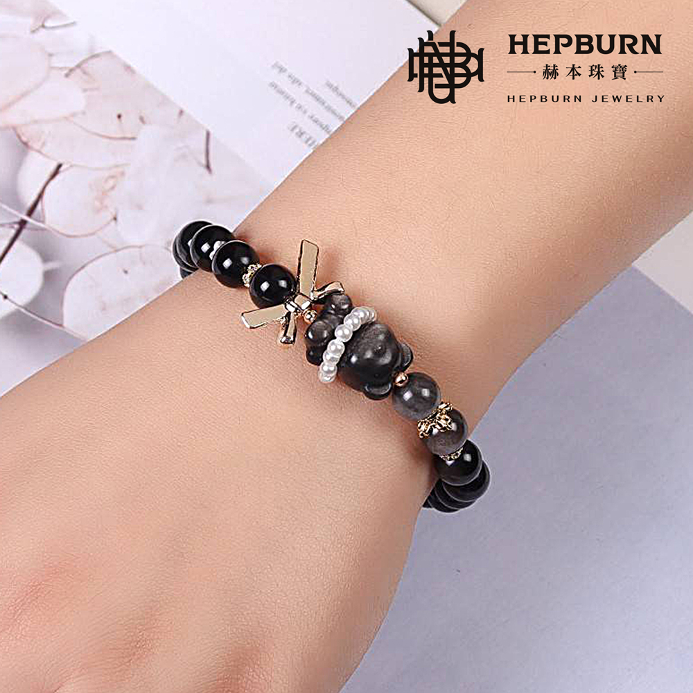 【赫本珠寶】設計款-銀曜石熊熊蝴蝶結手鍊,時尚手鏈,可愛造型,水晶手鍊,靈性防護,招財守護